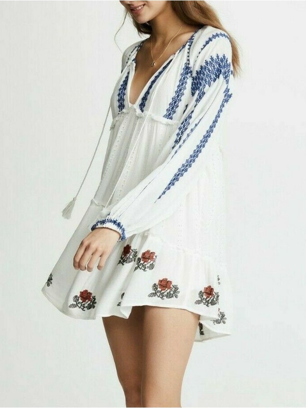 FREE PEOPLE Wild horses Boho Embroidered Mini Dress with Blue Detail size small